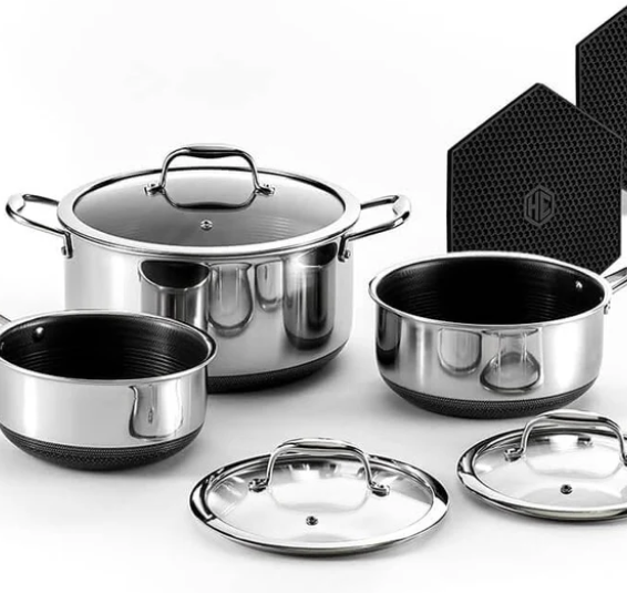HexClad Hybrid Nonstick 6-Piece Pot Set 2QT, 3QT & 8QT Pots with Glass Lids