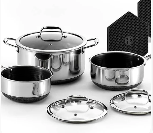 HexClad Hybrid Nonstick 6-Piece Pot Set 2QT, 3QT & 8QT Pots with Glass Lids